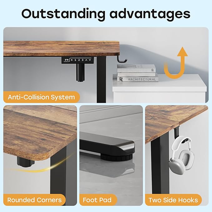 Small Electric Standing Desk, 35" ×20" Standing Table, Height Adjustable Compact Sit Stand Workstation with Splice Board, Home Office Desk with 2 Hooks, Rustic Brown