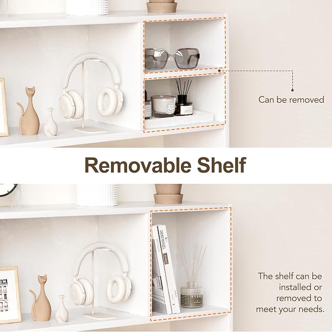 ZIFTY Desk Hutch with 6 Shelves, 37.4" Desktop Bookshelf Organizer for Monitor up to 27", Hutch Top for Computer Desk, Countertop Storage Shelf Wood Display Rack for Office Home Dorm, White