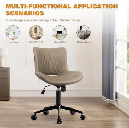 Armless Office Chair, Height Adjustable Desk Chair with Wheels, Ergonomic Comfy 360° Swivel Home Office Computer Task Chair, Faux Leather Padded Cute Vanity Chair, Khaki