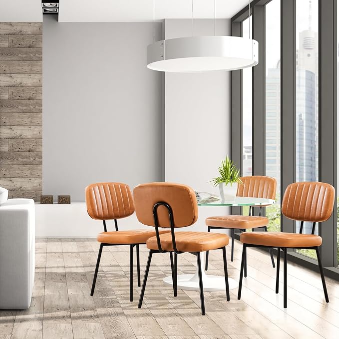 Sweetcrispy Dining Chairs Set of 6, Upholstered Mid Century Modern Kitchen Accent Chairs with Faux Leather Cushion Seat & Metal Legs for Home Office, Living Room - Brown