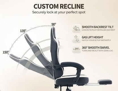 Office Desk Computer Gaming Chair for Adults, Ergonomic High Back Gamer Chair with Massage and Pocket Spring Cushion, Swivel Comfy Video Game Chairs with Footrest and Lumbar Support (Black White)