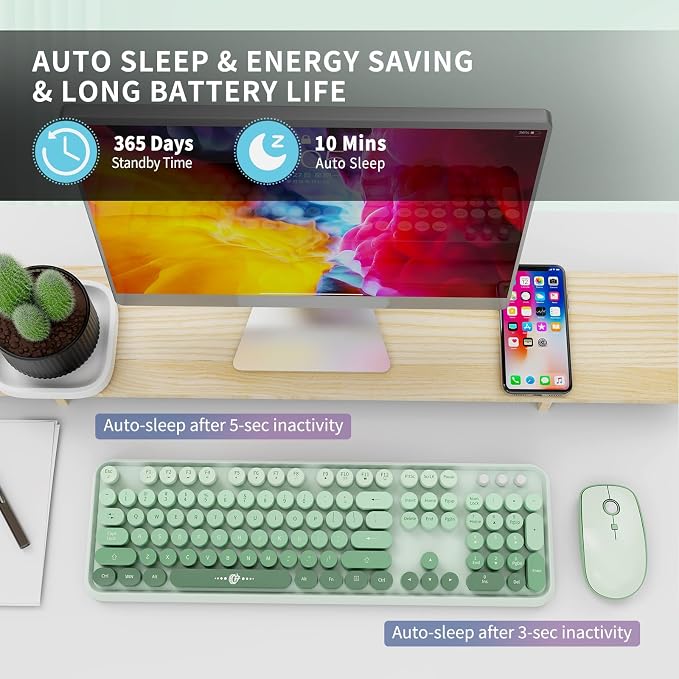 Sage Green Wireless Keyboard and Mouse Combo, Creamy Bubble Keyboard with Round Keys, 2.4GHz Cute Typewriter Style Full Size Mint Green Keyboard with Number Pad for PC Laptop Desktop