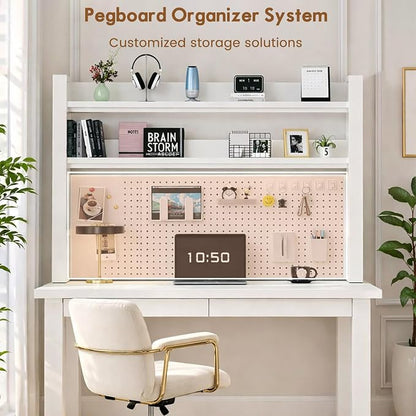 Lefedrasticity Desktop Bookshelf Organizer with Pegboard 3 Tier Desk Hutch Dorm Heavy-Duty Desk Shelf Organizer for Computer Desktop Organizer Shelf for Office Dorm Room Gaming Desks (White, 45.3" L)