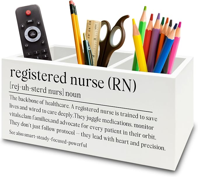 Registered Nurse Gifts Pen Pencil Holder Organizer for Desk, RN Gift for Nurses, Nurse Office Decor, Nursing Week Gifts Wooden Box Sign for Office Workplace Desk Tabletop Decorations