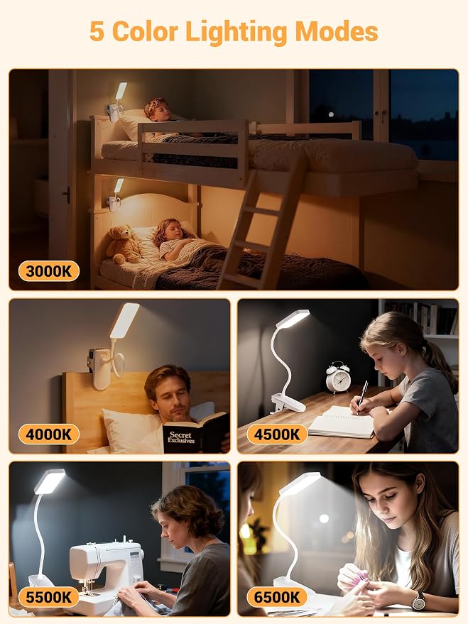 Clip on Lamp,9 Brightness+5 Color Clamp Light,4000mAh Battery Rechargeable Desk Lamp with Clamp,450 Lumen 48 LED Desk Light,Cordless Reading Lights for Books in Bed/Headboard/Bedside Table/Dorm Room