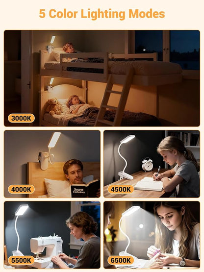 Clip on Lamp,9 Brightness+5 Color Clamp Light,4000mAh Battery Rechargeable Desk Lamp with Clamp,450 Lumen 48 LED Desk Light,Cordless Reading Lights for Books in Bed/Headboard/Bedside Table/Dorm Room