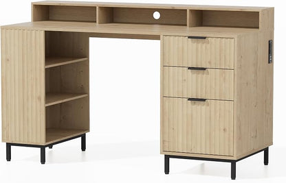 EYYTHUNG 55" Fluted Executive Desk with Charging Station, Modern Wood Home Office Desk with with Storage Shelf & File Drawer, Writing Study Computer Table for Work Study, Light Oak