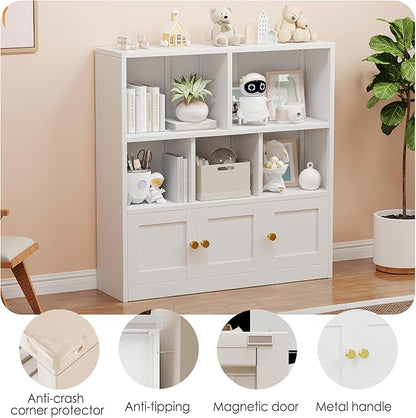 erosoei Kids Bookshelf and Toy Storage Organizer with 3 Cabinet and 5 Open Cubbies，Kids Toys Storage Organizer Shelf with Corner Guard，Multifunctional Floor Chest for Playroom and Kid's Room（White）