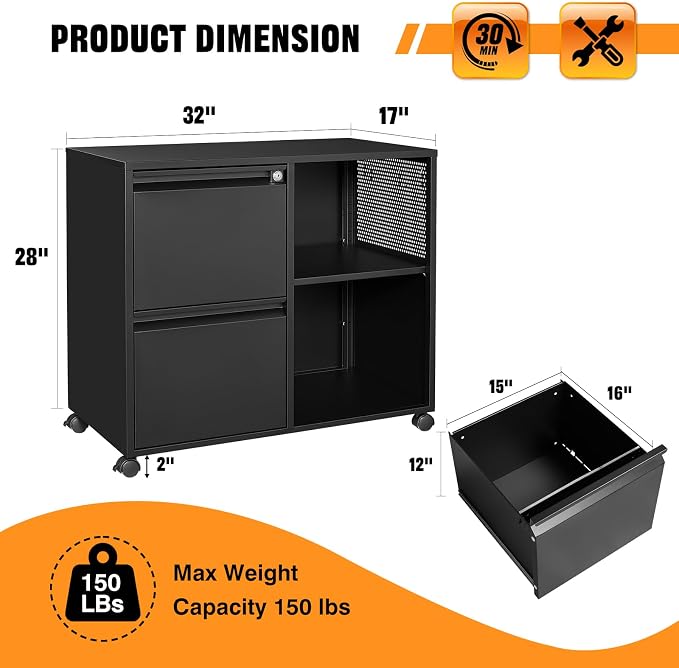 Storage Filing Cabinets Office Drawers Rolling File Cabinet Printer Stand Lateral Mobile Under Desk Organizer Lateral Filing Cabinet with Wheels Adjustable Shelves Printer Table for Home Office Black