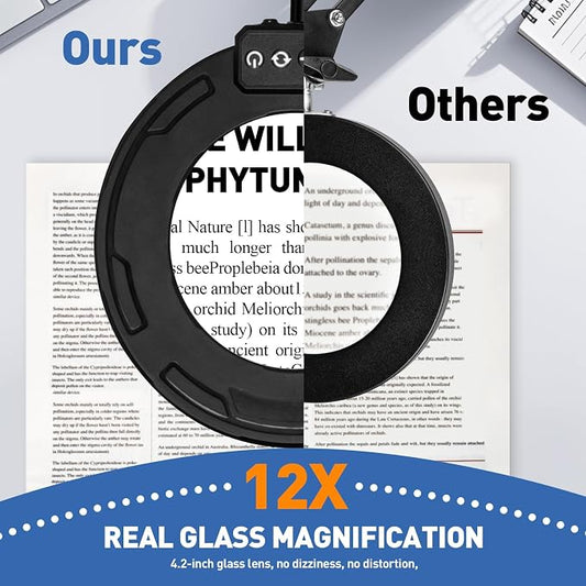 HITTI Ultra Long 12X Magnifying Glass with Light and Clamp, 5 Color Modes Stepless Dimming Desk Lamp, Swivel Arm Workbench Light, Hands Free Lighted Magnifier Stand for Craft Reading Soldering