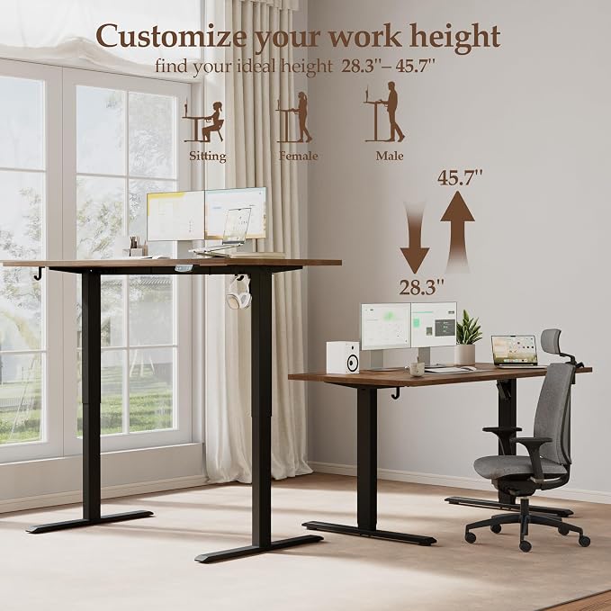 Klicelor 55 x 28 Electric Standing Desk, Sit Stand Up Home Office Desk, Height Adjustable Deep Cumputer Table with Memory Presets and Hooks, Two Pieces, Rustic Brown