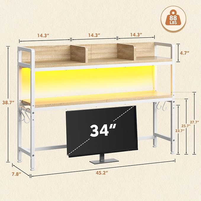 REIBII 45.2" Desk Shelf with LED Lights and Hooks,2-Tier Adjustable Multipurpose Solid Wood Desk Hutch Dorm,Desktop Organizer Rack with 3 Display Rack for Dorm,Office Home,White