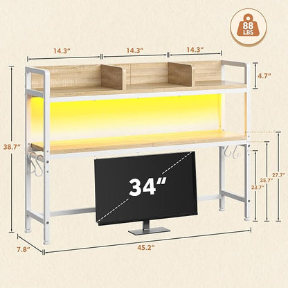 REIBII 45.2" Desk Shelf with LED Lights and Hooks,2-Tier Adjustable Multipurpose Solid Wood Desk Hutch Dorm,Desktop Organizer Rack with 3 Display Rack for Dorm,Office Home,White