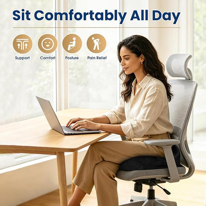 Ergonomic Seat Cushion for Office Chair, Memory Foam Coccyx Cushion for Tailbone Pain Relief, Non-Slip Washable Cover, Pressure Relief Chair Pad for Office, Car, Wheelchair & Home Black