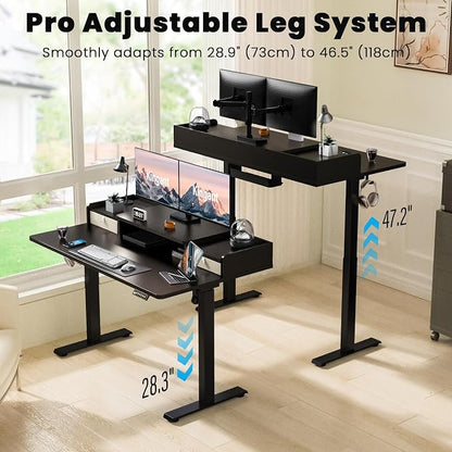 Kingant 48 x 30 Inch Electric Standing Desk with Dual Drawers, Adjustable Height Computer Desk for Home Office, Large Workstation Sit Stand Up Desk with Built-in Storage Shelf, Black