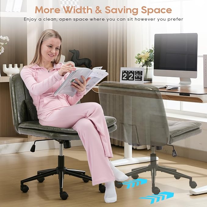 IPKIG Criss Cross Chair, Small Armless Desk Office Computer Chair with Wheels and Lumbar Pillow, Comfy Adjustable Swivel Task Vanity Chair Faux Leather, Green