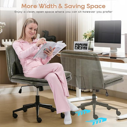 IPKIG Criss Cross Chair, Small Armless Desk Office Computer Chair with Wheels and Lumbar Pillow, Comfy Adjustable Swivel Task Vanity Chair Faux Leather, Green