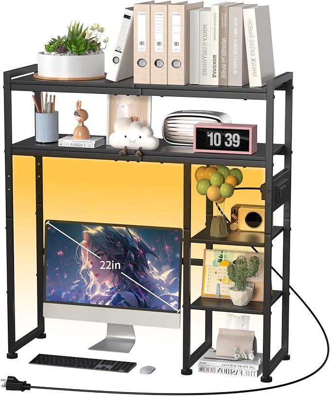 Aetheris Desktop Organizer Shelf, 30" Wooden Office Storage Rack with Outlets, Display Shelf Rack with Light Strip, 5 Tier Desktop Display Rac, Desk Shelf, Desk Hutch for Computer Monitor (Black)