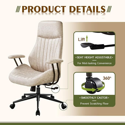 CAODOC High Back Office Chair,Modern Swivel Office Chair,Brown Suede Fabric Gaming Chair,Height Adjustable Home Office Desk Chair with Lumbar Support