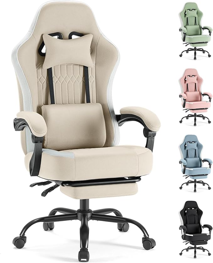 DUMOS Gaming Chair with Linkage Armrests, Video Game Chairs with Pocket Spring Cushion, Ergonomic Computer Silla Gamer Office Desk Chair with Footrest for Adults & Students, Light Brown