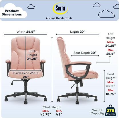 Serta Connor Executive Office Chair, Ergonomic Computer Chair with Layered Body Pillows, Contoured Lumbar, Adjustable Seat, Microfiber Fabric, Pink