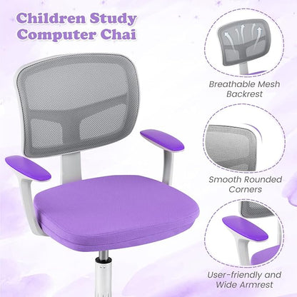 Giantex Kids Desk Chair, Ergonomic Adjustable Teen Task Chair w/Y-Shaped Lumbar Support, Armrest & Universal Wheels, Mesh Kid Office Chair for Sturdy, Kids Computer Chair for Boys Girls 4-12, Purple