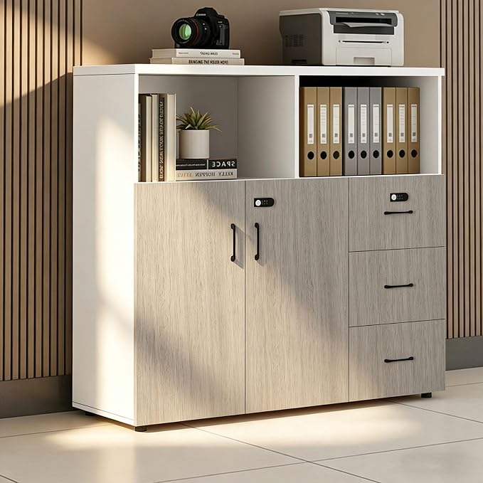 File Cabinet with Password Lock, Wood Lateral Filing Cabinet for Letter/A4 Files, 3 Drawer with Door, Printer Stand with Open Shelves for Home Office