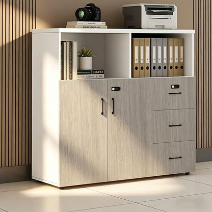 File Cabinet with Password Lock, Wood Lateral Filing Cabinet for Letter/A4 Files, 3 Drawer with Door, Printer Stand with Open Shelves for Home Office