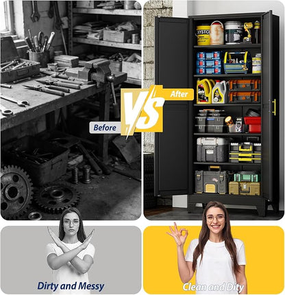 PAOFIN 75" Metal Storage Cabinet with 2 Doors and 5 Adjustable Shelves,Black Metal Garage Storage Cabinets, File Cabinet,Steel Tool Cabinets for Home,Office,Garage,School,Warehouse
