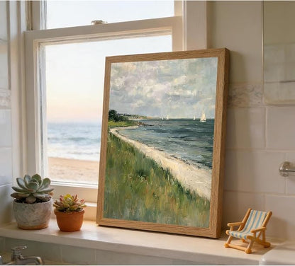 CXQILVER Framed Vintage Coastal Wall Art, Rustic Beach Seascape Sailboats Canvas Wall Decor Ocean Landscape Painting Picture for Coastal Cottage Living Room Bedroom Bathroom Decor 12x16 Inch