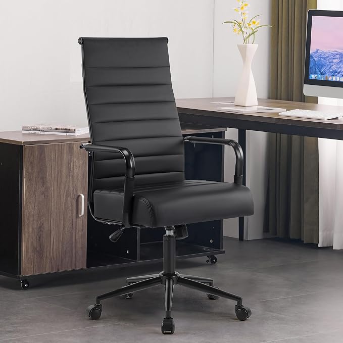 Office Desk Chair, Modern Leather Conference Room Chairs with High Back,Wheels and Arms, Ergonomic Executive Ribbed Height Adjustable Swivel Chair for Home Office (Black Frame)