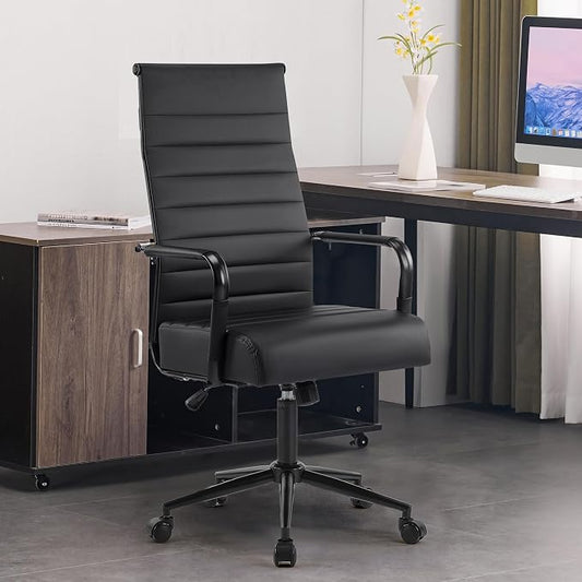 Office Desk Chair, Modern Leather Conference Room Chairs with High Back,Wheels and Arms, Ergonomic Executive Ribbed Height Adjustable Swivel Chair for Home Office (Black Frame)
