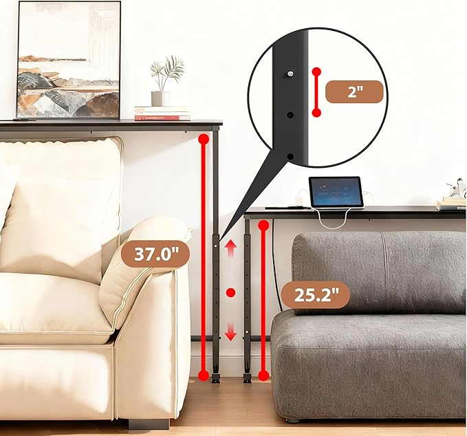 Keelian 35 inch Narrow Console Table with Outlet,Adjustable Height(25"-37") Behind Sofa Table,Couch Behind Table Skinny,Couch Shelf with Charging Station,Long Entryway Tables for Living Room,Black