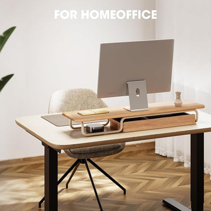 Fenge Dual Monitor Riser, 37 Inch Monitor Stand for Desk, Solid Wood Desk Shelf with Large Drawer Organizer, No Assembly Computer Stand for PC, Laptop, Printer, TV