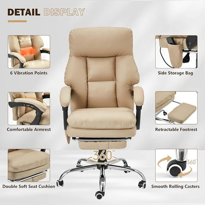 HOMREST Ergonomic Office Chair with 6-Point Massage & Heating, Adjustable Executive Desk Chair with Retractable Footrest, PU Leather Home Office Desk Chair for Home & Office (Khaki)