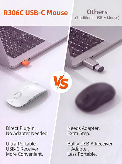 RAPIQUE R306C USB C Wireless Mouse for MacBook, Type-C 2.4GHz Portable Computer Mouse with USB-C Receiver, Silent Click, Slim Cordless Mouse, 3-Speed DPI, for iPad, Chromebook, Laptop, MacOS - White