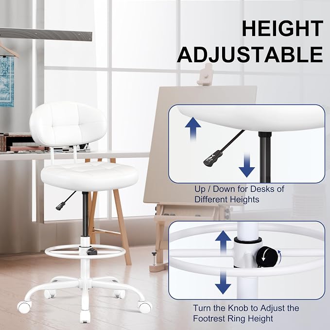 Misolant Drafting Chair, Armless Tall Office Chair with Footrest Ring for Standing Desk, Small Faux Leather Executive Computer Chair with Adjustable Height for Bar Lab Counter Height Desk, White