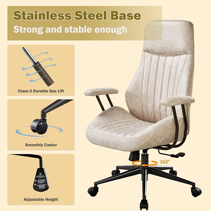 Home Office Chair,Ergonomic Computer Chair with Lumbar Support Adjustable Height,Mid-Century Modern Office Chair with Rolling Swivel Chair for Home Office Game Study(PU Leather High Back Chair,Beige)