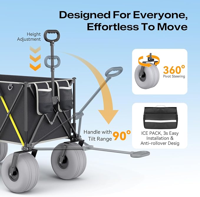 Premium 10.5" Balloon Wheels Beach Wagon - 450LBS Heavy Duty Sand Wagon, Foldable All Terrain Collapsible Utility Wagon with Removable Cooler Bag, Easy Roll for Soft Sand Family Camping-Black