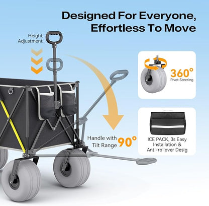Premium 10.5" Balloon Wheels Beach Wagon - 450LBS Heavy Duty Sand Wagon, Foldable All Terrain Collapsible Utility Wagon with Removable Cooler Bag, Easy Roll for Soft Sand Family Camping-Black