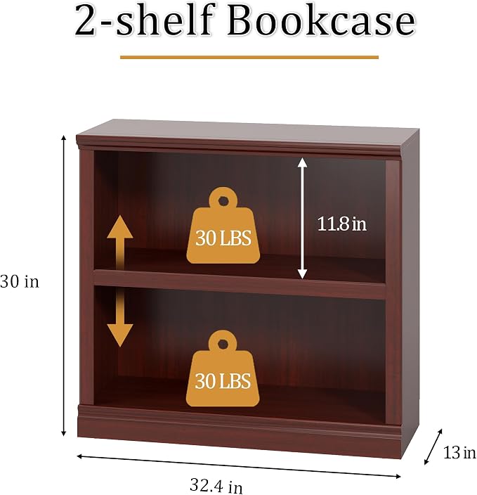 blini 2-Shelf Bookcase Mahogany Wooden Bookshelves 33in Wide Floor Standing Display Storage Shelves Mahogany Bookcase for Home Office, Living Room, Bed Room