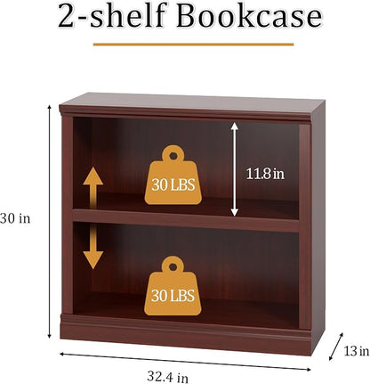 blini Wooden Bookshelf and Bookcase 2 Tier Double Wide Large Bookshelves Tall Bookshelf with Storage Cabinets for Living Room, Home Office, Library (Mahogany, 2-Shelf)