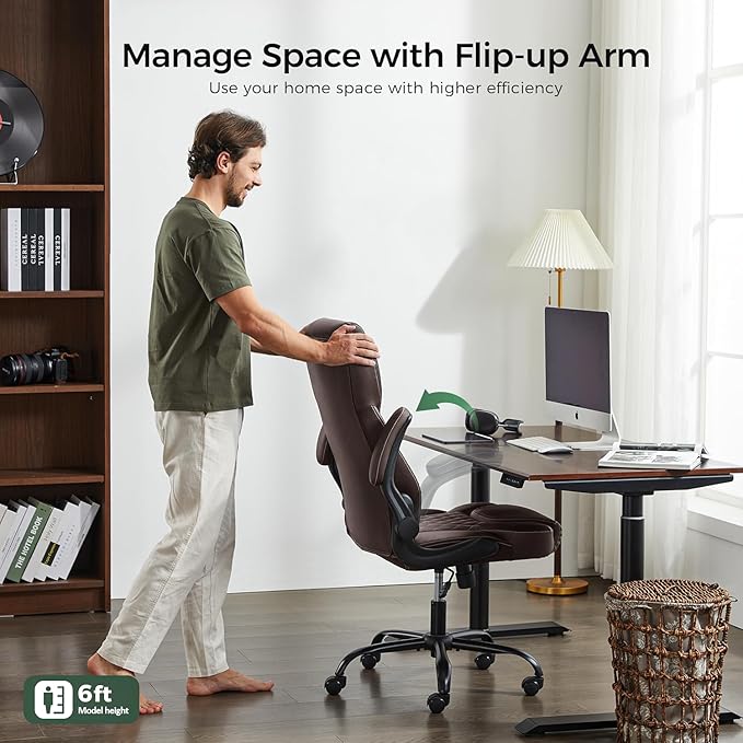 amseatec Office Chair, Executive PU Leather Chair, Ergonomic Computer Desk Chair with Lumbar Support and Adjustable Flip-Up Arms, Rocking Task Chair, Brown