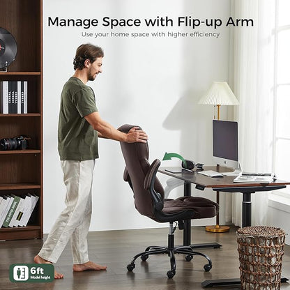 amseatec Office Chair, Executive PU Leather Chair, Ergonomic Computer Desk Chair with Lumbar Support and Adjustable Flip-Up Arms, Rocking Task Chair, Brown
