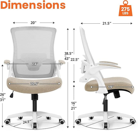 NEO CHAIR Office Desk Gaming Chair Computer High Back Mesh Seat with Rolling Wheels Ergonomic Adjustable Comfy Flip-up Armrests Lumbar Support Height for Home (Beige)