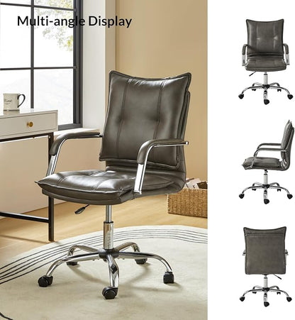 HULALA HOME Faux Leather Home Office Desk Chair, Adjustable Swivel Computer Chair with Sliver Legs and Arms, Comfy Upholstered Task Chair(Grey)