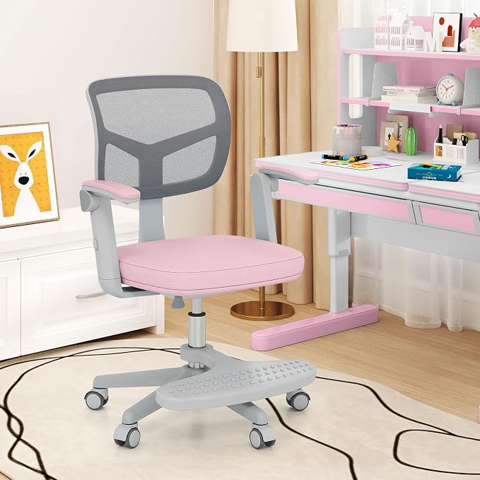 Giantex Kids Desk Chair, Ergonomic Adjustable Student Rolling Chair with Footrest & Flip-up Armrest, Mesh Children Office Chair with Universal Wheels, Kids Computer Chair for Boys & Girls, Pink