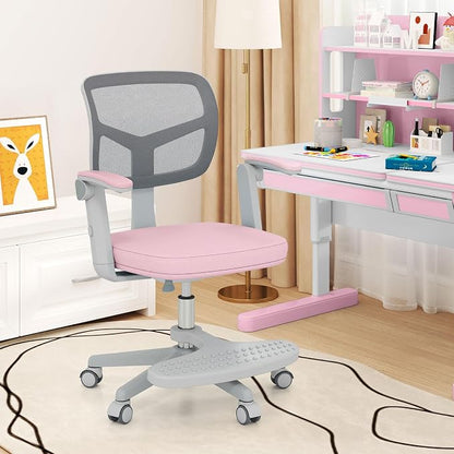 Giantex Kids Desk Chair, Ergonomic Adjustable Student Rolling Chair with Footrest & Flip-up Armrest, Mesh Children Office Chair with Universal Wheels, Kids Computer Chair for Boys & Girls, Pink