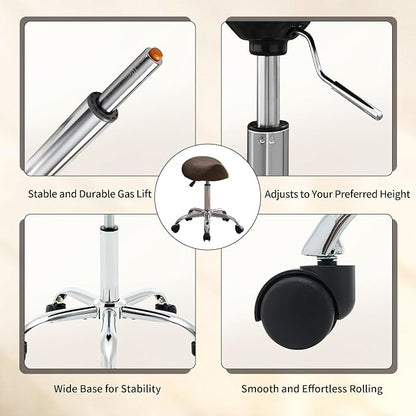 FIRAVOE Saddle Stool, Swivel Saddle Stool with Wheels, Adjustable Rolling Stool 18"-26", Faux Leather Rolling Stool for Salon, Massage, Clinic, Lab, Office (Tan, 1PCS (18"-26"))