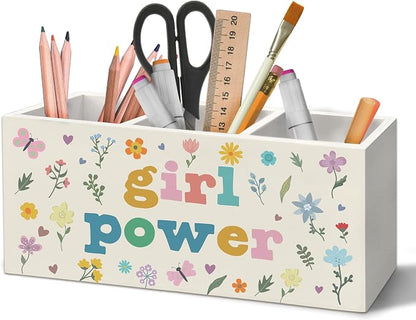 Boho Girl Power Pen Holder Organizer for Desk Accessories, Girls Room Decor, Inspirational Wildflower Wooden Box Sign Desk Decorations for Girls Room Bedroom Dorm Classroom Decor